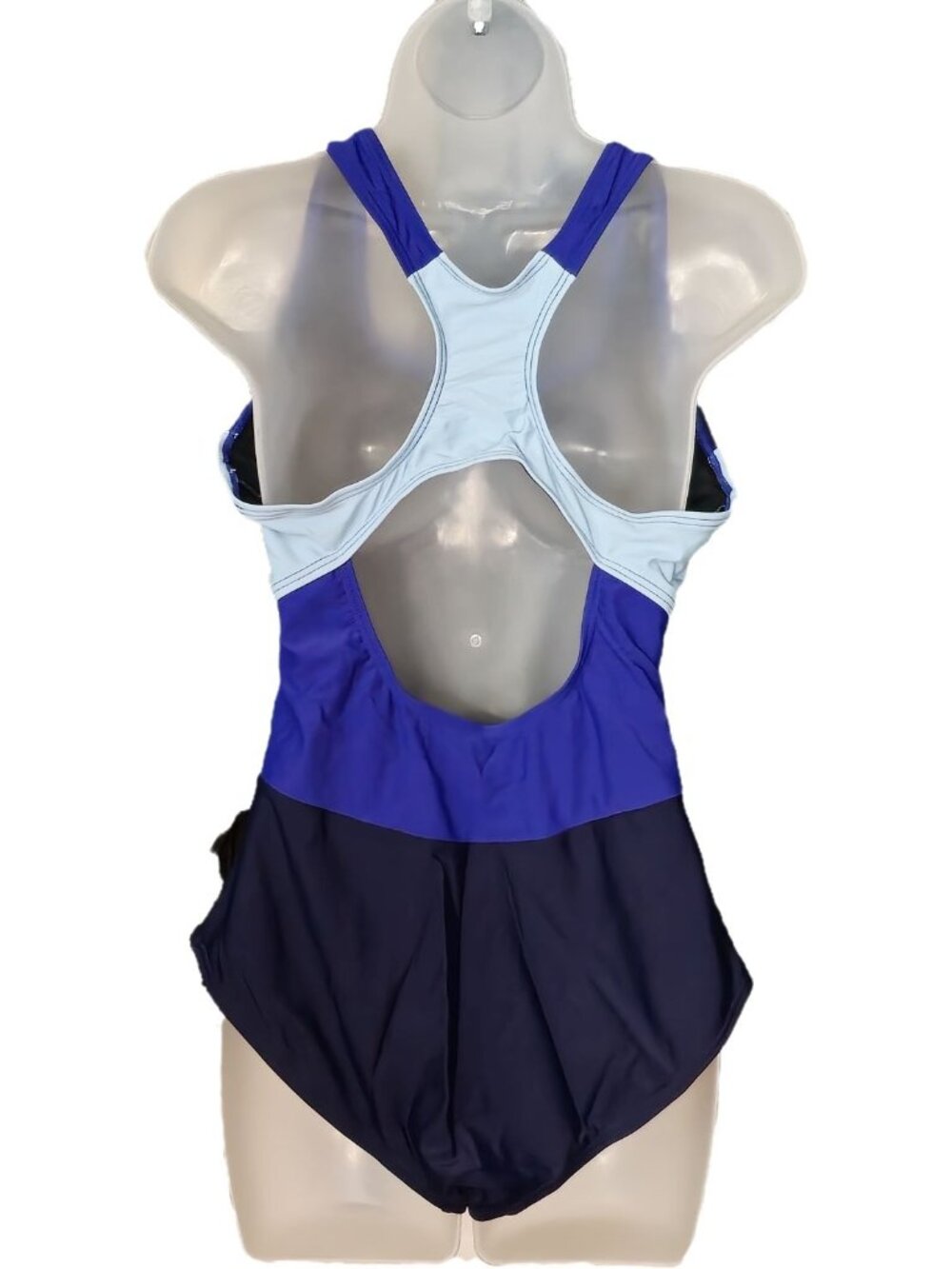UPF 50+ One Piece Athletic Swimsuit L Colorblock Blue Black Racerback Lined - Picture 8 of 8